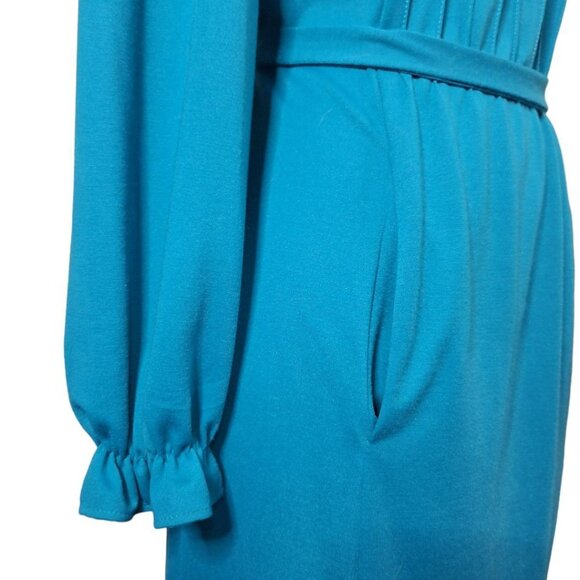 JCPenney Fashions Blue Dress Long Ruffle High Neck Pockets Tie Vintage Womens 14 - Picture 7 of 16